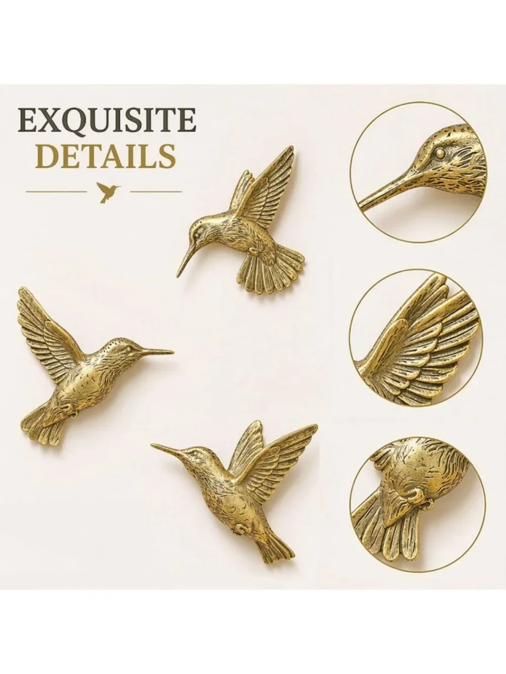 3D Hummingbird Wall Decor Set - Vintage Gold Brass Resin Birds for Living Room